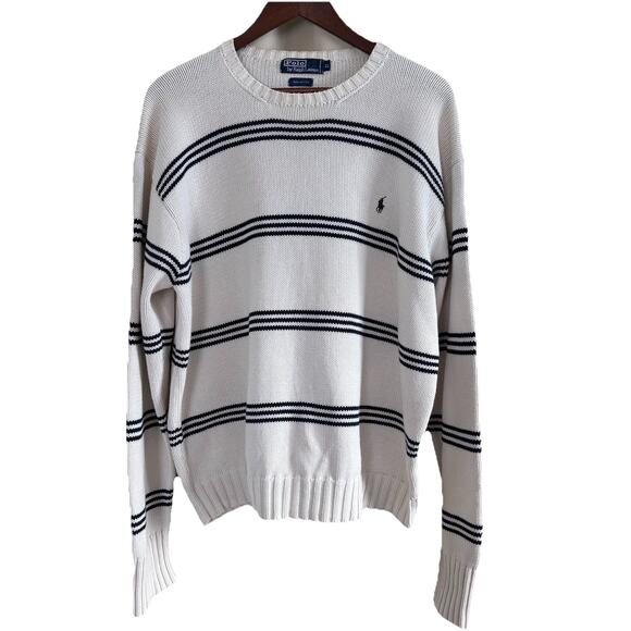 Polo Ralph Lauren White with Blue Stripes Sweater 100% Cotton Men’s Size XL - Picture 2 of 16